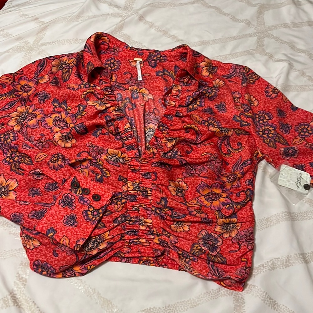 blouse red/ ruby combo with 3 buttons on each cuff